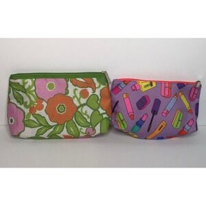 Clinique Makeup Bag Set 2pc Floral & Cosmetic Print Travel Pouches Toiletry NEW
